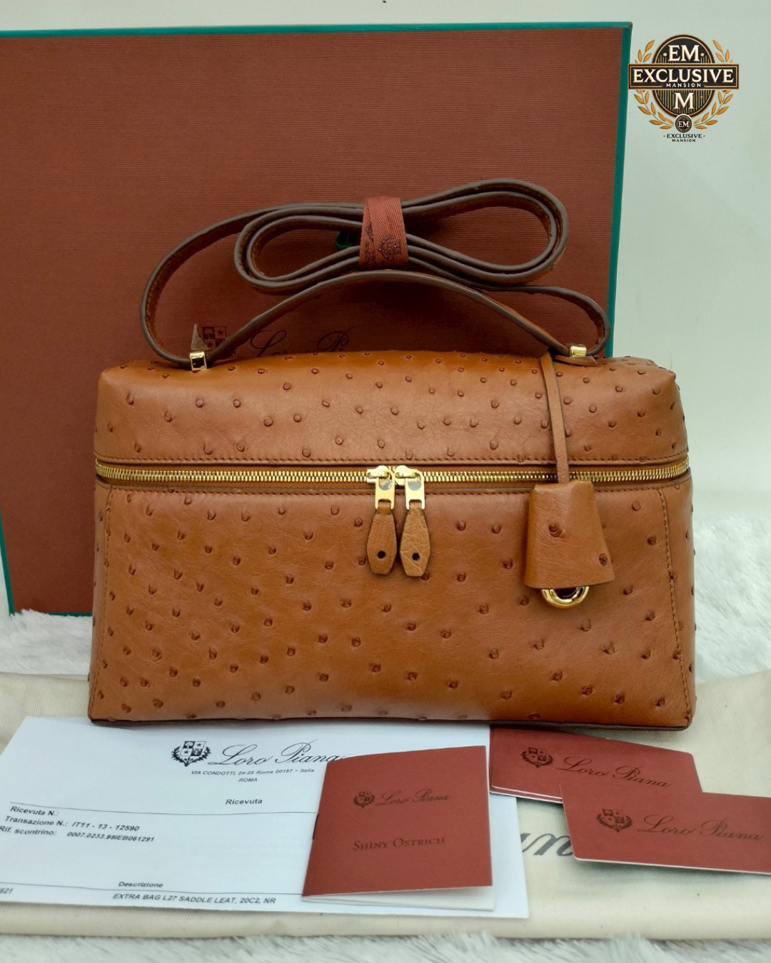 Loro Piana 27 Extra Bag Ostrich Cognac